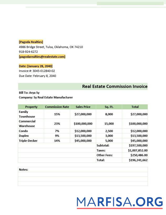 Blank Real Estate Commission Invoice Template